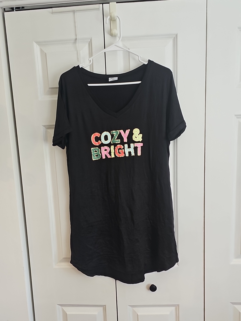 Black V-Neck Tee with Colorful 'Cozy & Bright' Graphic